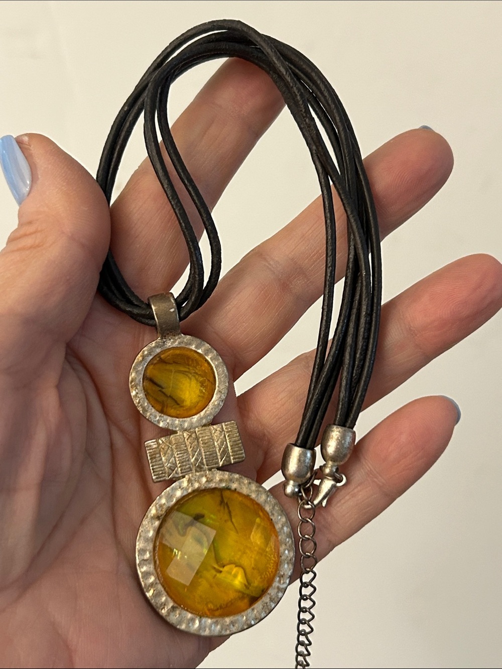 art deco yellow & silver abstract Pendant Necklace MOP backing